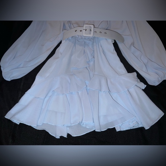 Long sleeve Ruffle Belted Dress in Winter Blue - Picture 8 of 13